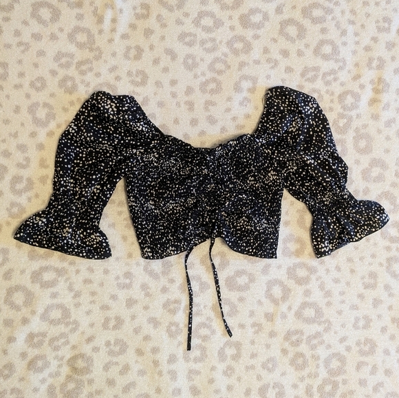 Puff Sleeve Shirred Ruched Black and White Polka Dot Cropped Blouse Tie Front S - Picture 2 of 6